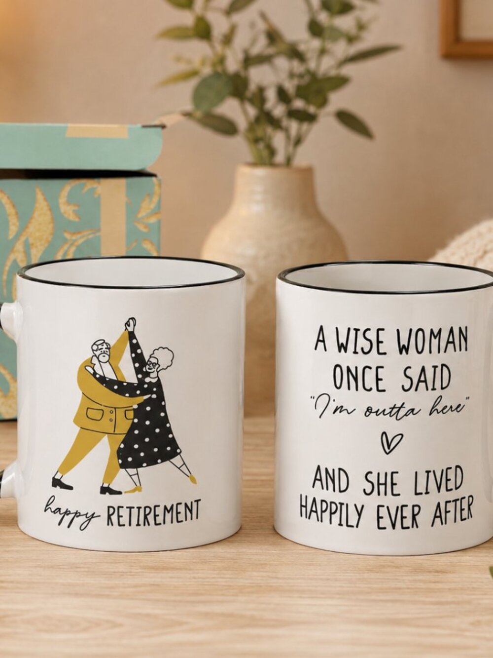 New Happy Retirement Coffee Mug White Ceramic Dancing Couple